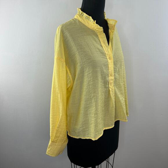 MNG by Mango Yellow Long Sleeve Boxy Popover Shirt Button-Up Ruffle Collar S - Picture 2 of 7